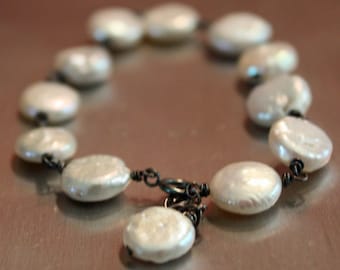 Fresh Water Coin Pearl Bracelet on Oxidized Silver