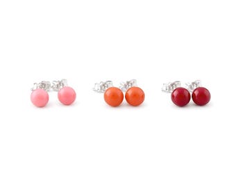 Coral Studs, Pink, Orange, or Red Coral Earrings on Sterling Silver