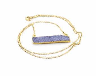 Horizontal Natural Lavender Druzy Gold Bar Necklace