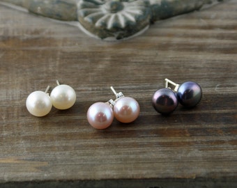 White, Lavender, Peacock Cultured Freshwater Pearl Stud Earrings, on Sterling Silver