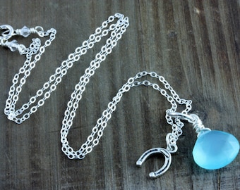 Lucky You, Aqua Chalcedony and Sterling Silver Horse Shoe Necklace