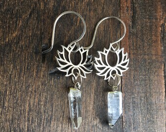 Lotus and Crystal Quartz Earrings, Sterling Silver