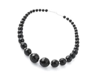 Faceted Onyx and Sterling Silver Necklace: Graduated Black Crystal Jewelry