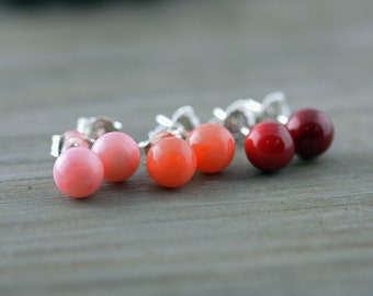 Coral Studs, Pink, Orange, or Red Coral Earrings on Sterling Silver