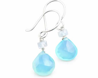 Aqua Chalcedony Moonstone Earrings: Sterling Silver Dangle Earrings