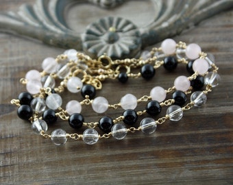 Crystal Quartz, Onyx, and Rose Quartz on 14k Gold Filled Bracelet Trio