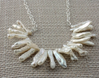 Long Biwa Pearl Necklace on Sterling Silver