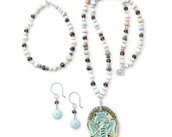 Ganesha Jewelry Set: Amazonite Elephant Necklace, Bracelet & Earrings