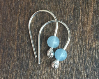 Tiny Minimalist Aquamarine Earrings, Silver Arc, Wishbone Earrings, Sterling Silver Earrings, Silver Dangle Earrings, March Birthstone