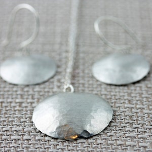 Silver Jewelry Set, Sterling Silver Hammered and Domed Dissk on a Sterling Silver, Earrings and Necklace Set