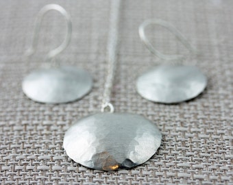 Silver Jewelry Set, Sterling Silver Hammered and Domed Dissk on a Sterling Silver, Earrings and Necklace Set