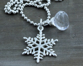 Let it Snow, Sterling Silver Snowflake with Crystal Quartz on a Sterling Silver Bead Chain