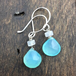Aqua Chalcedony Moonstone Earrings: Sterling Silver Dangle Earrings