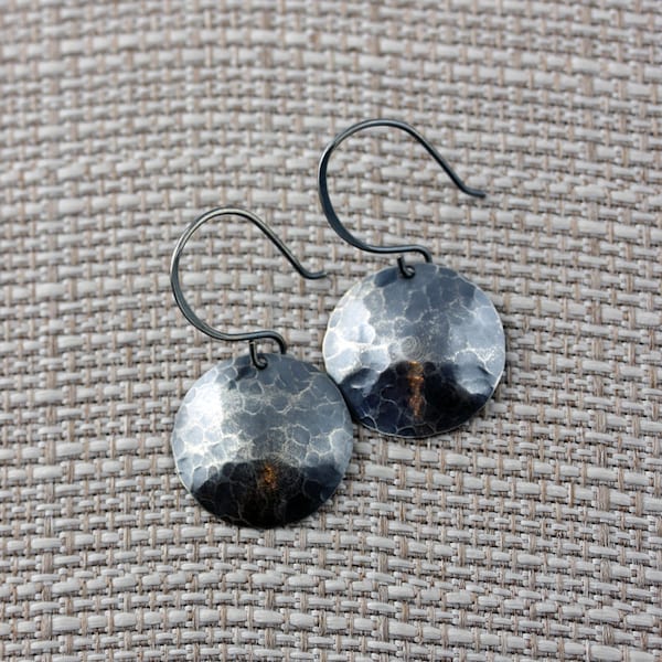 Dark Side, Oxidized Sterling Silver Hammered and Domed Disk Earrings on Oxidized Sterling Silver Ear Wires