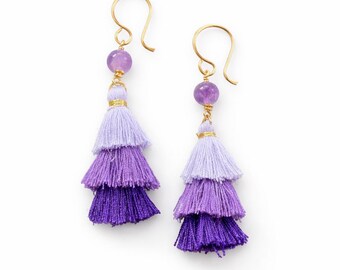 Amethyst Purple Tassel Earrings: 14k Gold Fill, Ombre Silk