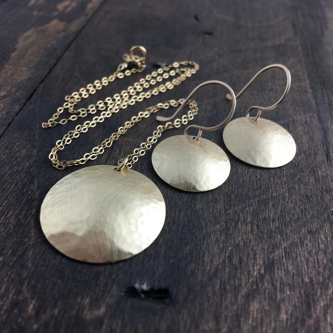 Gold Jewelry Set Brass Hammered and Domed Disk on a 14k Gold Etsy