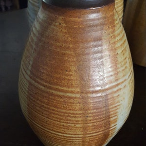 May include: A brown and white ceramic vase with a green and brown rim. The vase has a textured surface and a rounded shape.
