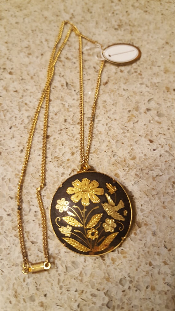 Vintage Damascene Gold & Black Flowers Necklace