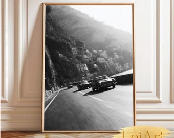 Black and White Amalfi Coast Wall Art Print  Old money Decor Vintage Sports Car Coastal Drive Poster Classic Retro Travel Aesthetic