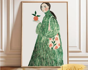 Contemporary Line Art Woman Green stripes Botanical Digital Print Scandinavian Decor Modern Minimalist Illustration Print Instant Download