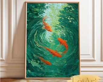 Emerald Koi Fish Painting, Japanese Zen Wall Art (Digital Download)