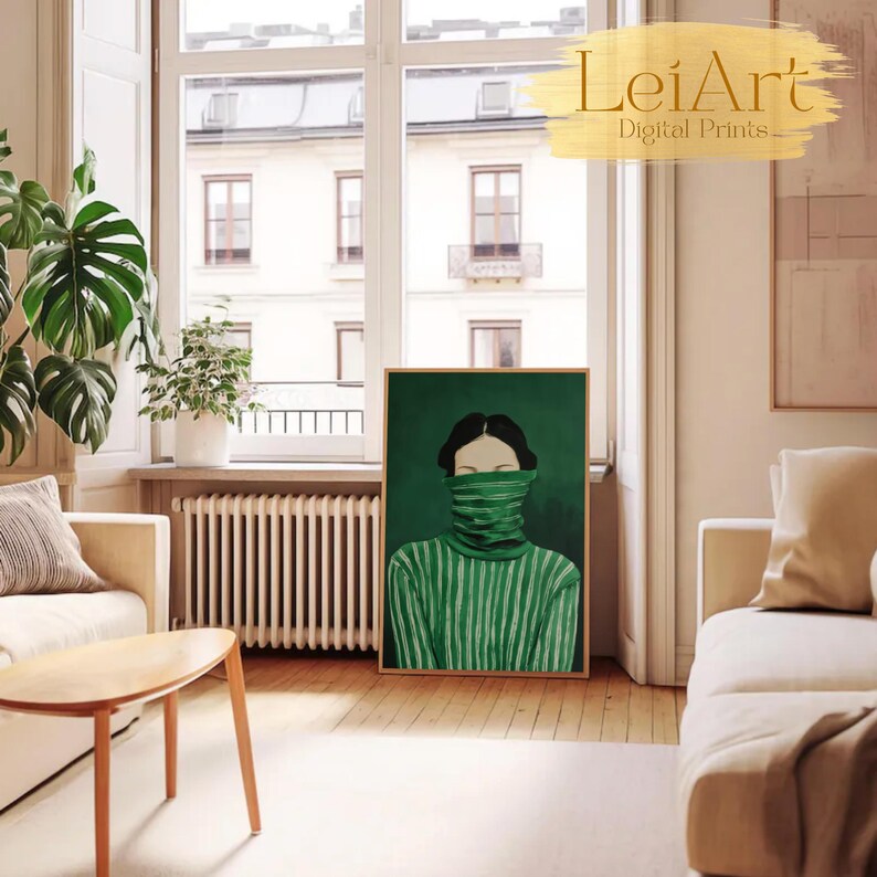 Emerald Green Woman Portrait Art Print, Moody Minimalist Decor (digital ...