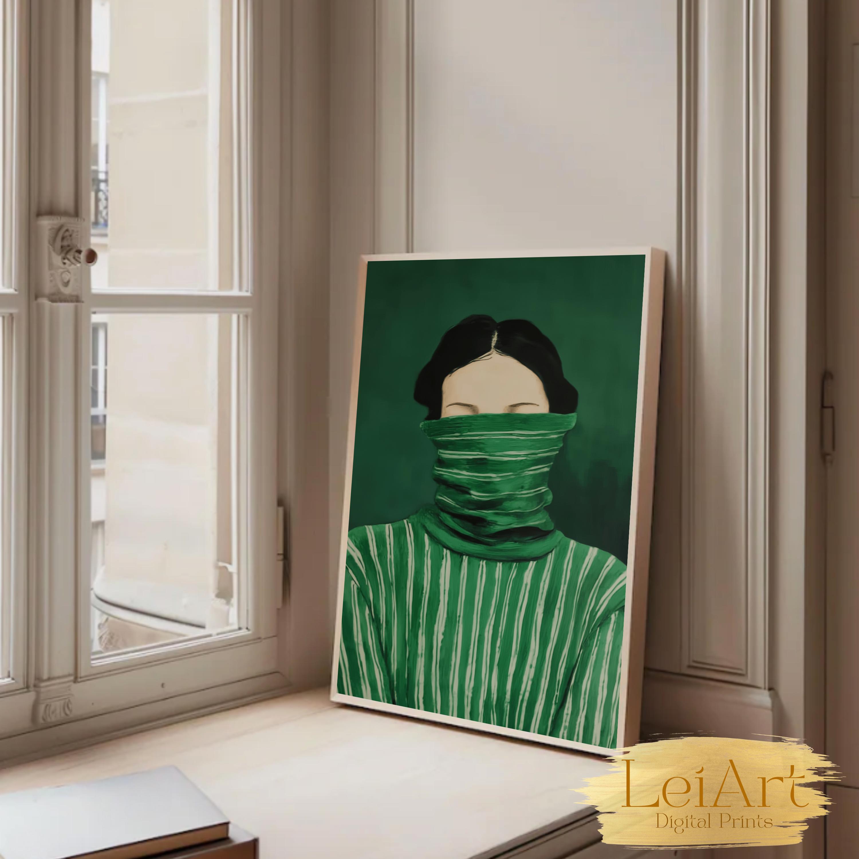 Emerald Green Woman Portrait Art Print, Moody Minimalist Decor (digital ...