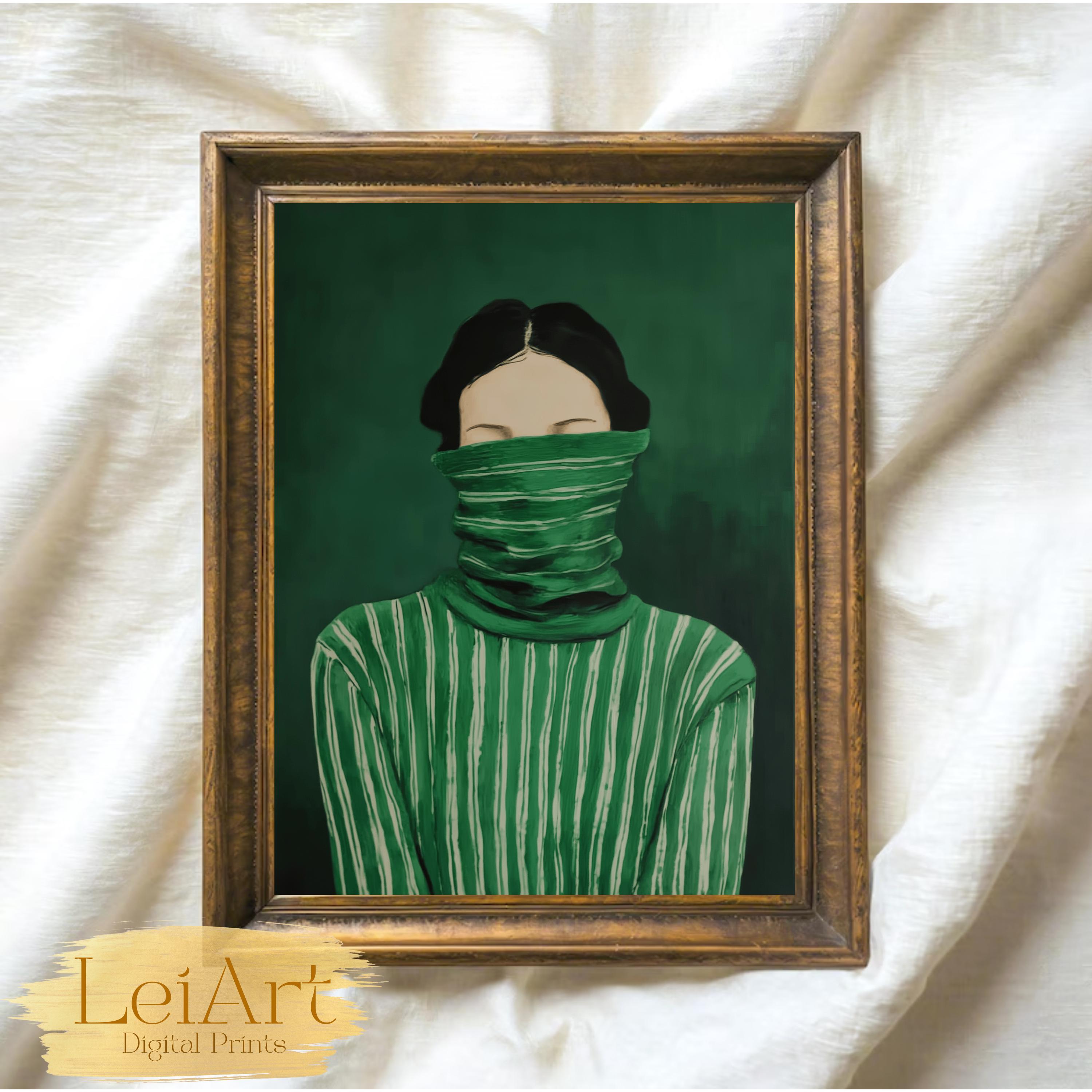 Emerald Green Woman Portrait Art Print, Moody Minimalist Decor (digital ...