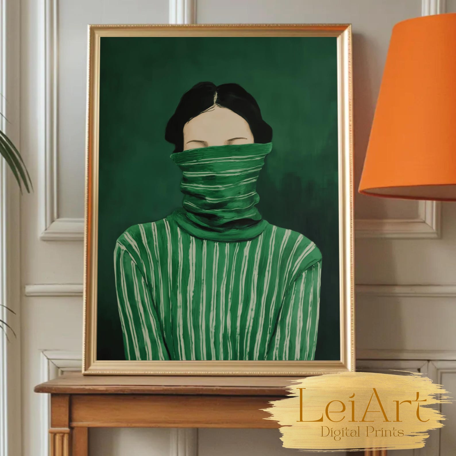 Emerald Green Woman Portrait Art Print, Moody Minimalist Decor (digital ...