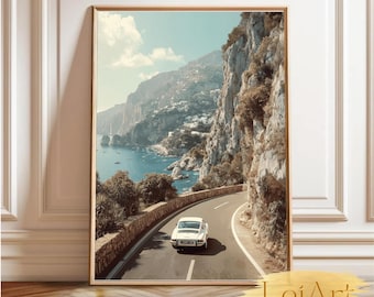 Amalfi Coast Vintage Car Wall Art Abstract Old money Print Italian Coastal Drive Digital Painting Retro Sports Car poster gift