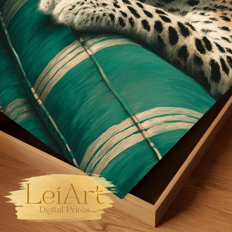 May include: A framed digital print featuring a close-up of a teal and white striped cushion, with a leopard print blanket draped over it. The print is in a wooden frame. The text "LeiArt Digital Prints" is visible.