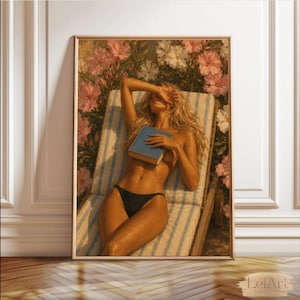 Tableau à l'huile « Femme lisant sur la Riviera » | Décoration florale vintage | Impression numérique méditerranéenne ensoleillée