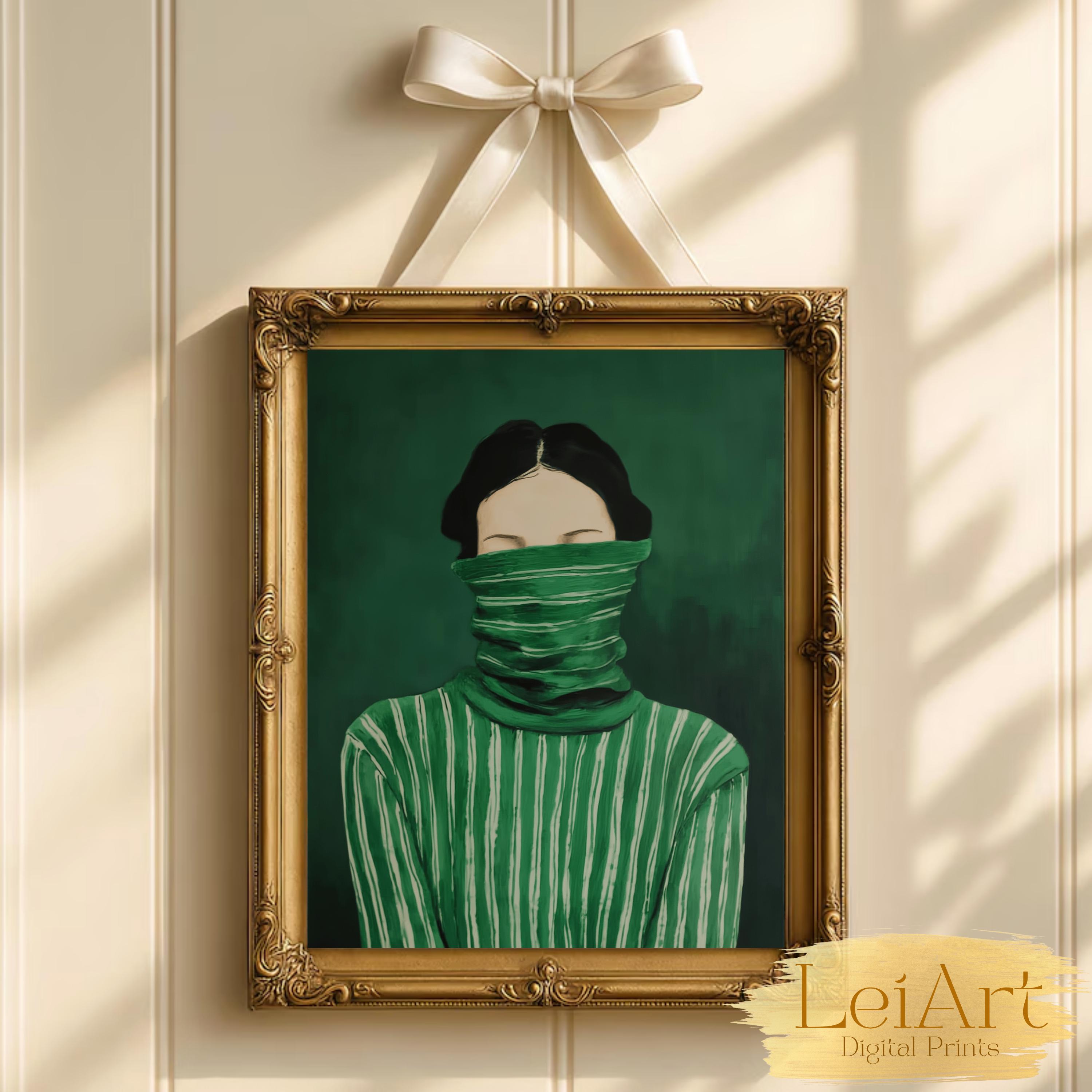 Emerald Green Woman Portrait Art Print, Moody Minimalist Decor (digital ...