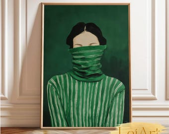 Emerald Green Woman Portrait Art Print, Moody Minimalist Decor (Digital Download)