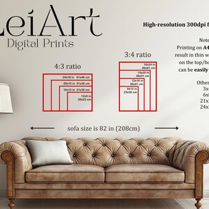 May include: Image showcasing digital print sizes in 4:3 and 3:4 ratios, with dimensions in inches and centimeters. Includes sizes like 24x18 in and 12x9 in. The text also mentions high-resolution files and other sizes.