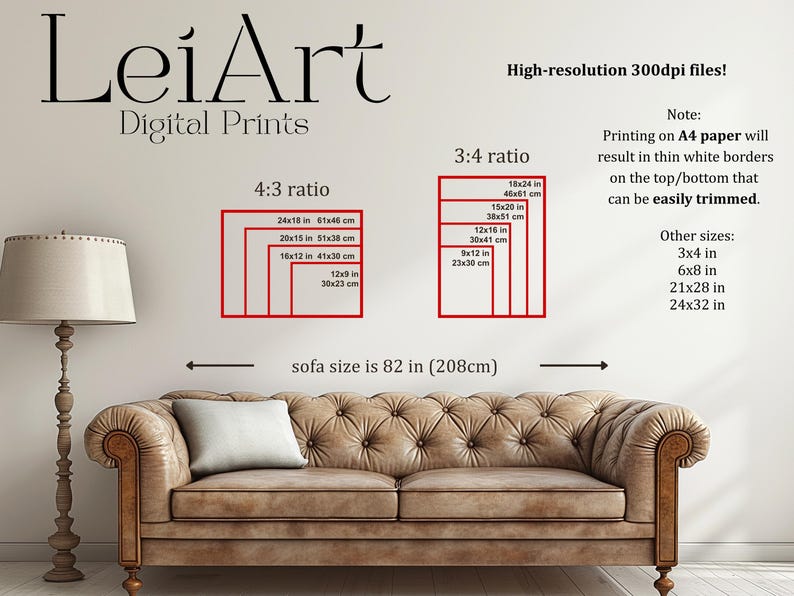 May include: Image showcasing digital print sizes in 4:3 and 3:4 ratios, with dimensions in inches and centimeters. Includes sizes like 24x18 in and 12x9 in. The text also mentions high-resolution files and other sizes.