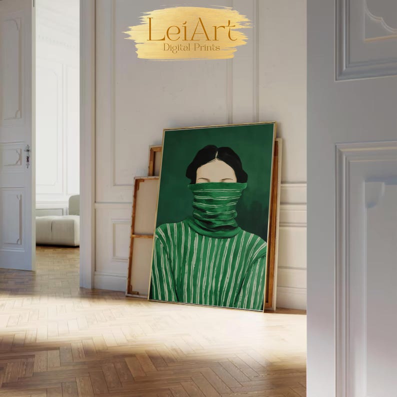 Emerald Green Woman Portrait Art Print, Moody Minimalist Decor (digital ...