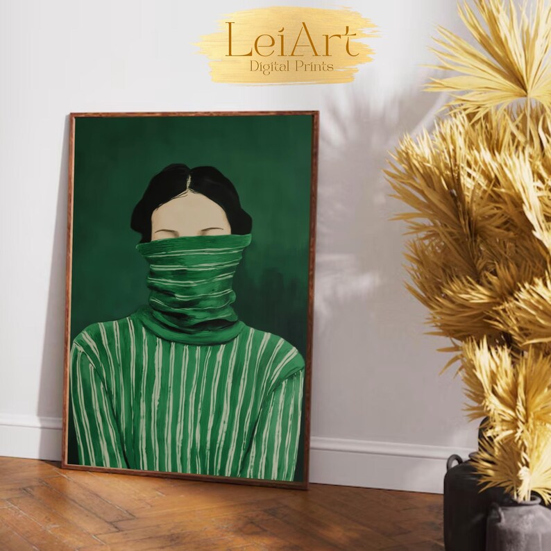 Emerald Green Woman Portrait Art Print, Moody Minimalist Decor (digital ...