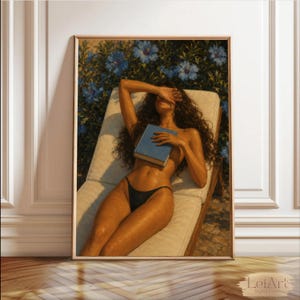 Sunbathing Woman Oil Painting | Blue Floral Garden Wall Art (Digital Download)