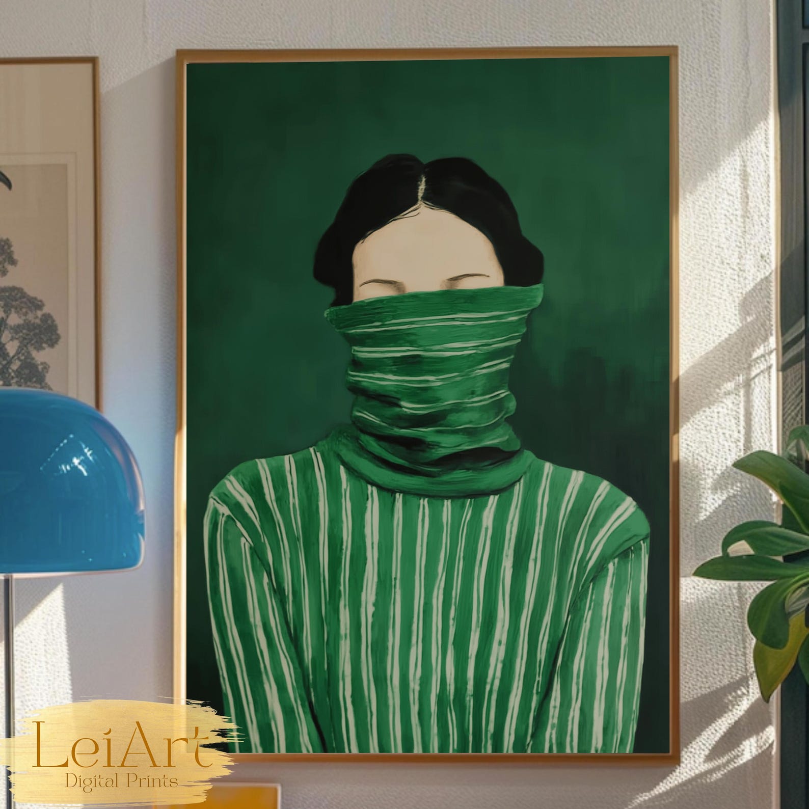 Emerald Green Woman Portrait Art Print, Moody Minimalist Decor (digital ...
