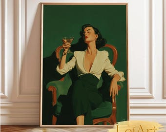 Elegant Woman Martini Portrait Retro Chic Wall Decor Old Hollywood Glamour Art Print Luxury Retro Woman Painting Classic Green Aesthetic