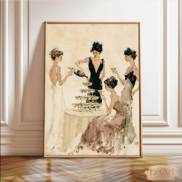 Champagnerturm-Gemälde im Vintage-Stil | Elegante Feier für Frauen | Digitales Poster für eine Party des alten Geldes