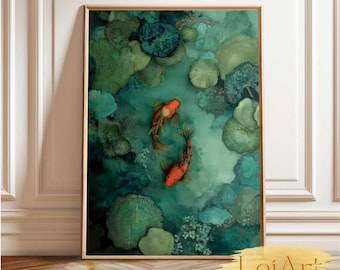 Emerald Green water Koi Fish Wall Art Digital Painting Japanese Zen Pond Decor Print