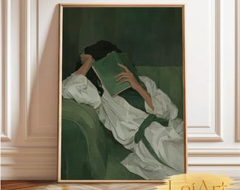 Lámina artística de mujer leyendo, decoración con estética verde (descarga digital)