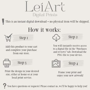 May include: Cream-colored digital print advertisement with the text "LeiArt Digital Prints." Instructions detail how to download and print digital art: add to cart, download PNG, print, and frame. Includes icons for each step.