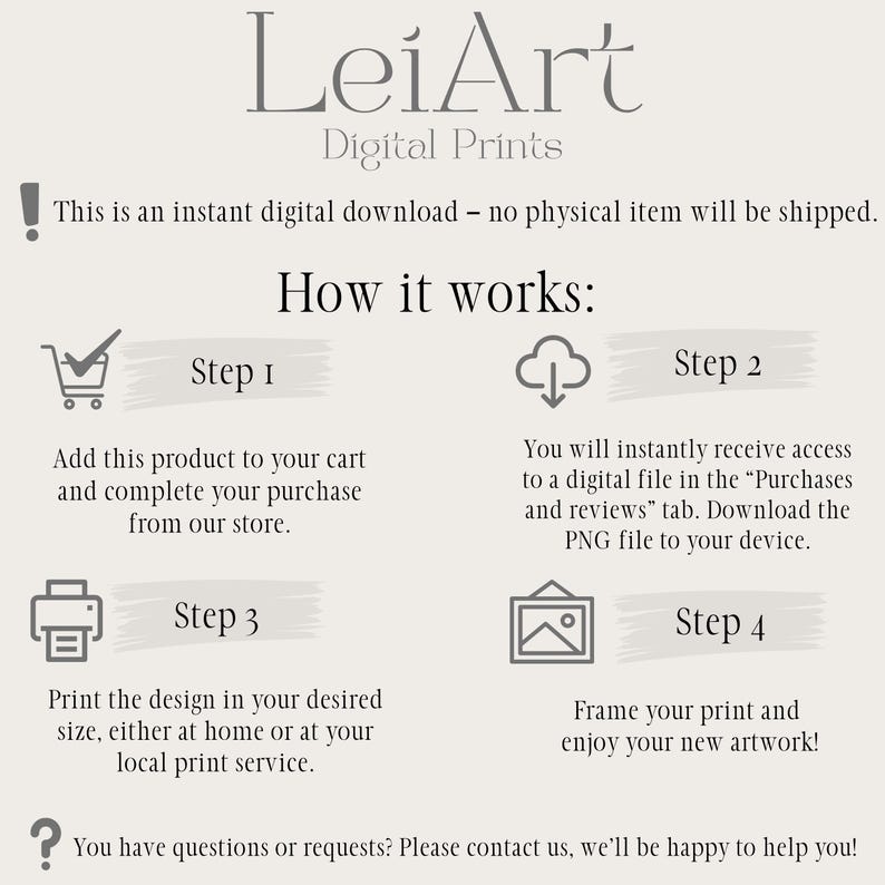 May include: Cream-colored digital print advertisement with the text "LeiArt Digital Prints." Instructions detail how to download and print digital art: add to cart, download PNG, print, and frame. Includes icons for each step.