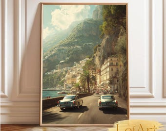 Vintage autoprint Amalfikust, reizen langs de kust van Italië (digitale download)