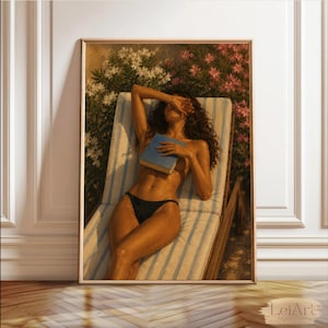 Sunbathing Woman Wall Art Oil Painting | French Riviera Old Money Decor | Mediterranean Summer Digital Download Poster