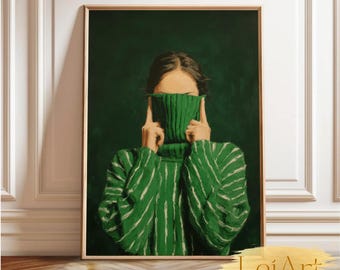 Dark Green Sweater Girl Moody Digital Oil Painting Wall Art Minimalist Portrait Print Aesthetic cozy home Decor Modern art poster