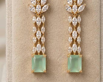 Emerald Green Art Deco Fan Earrings, Gold Plated CZ Drop Bridal Wedding Guest